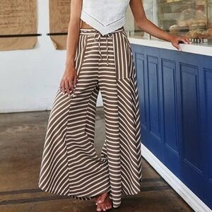 Boho Wide Leg Cozy Brown Stripped Pants Tie Waist Size Large